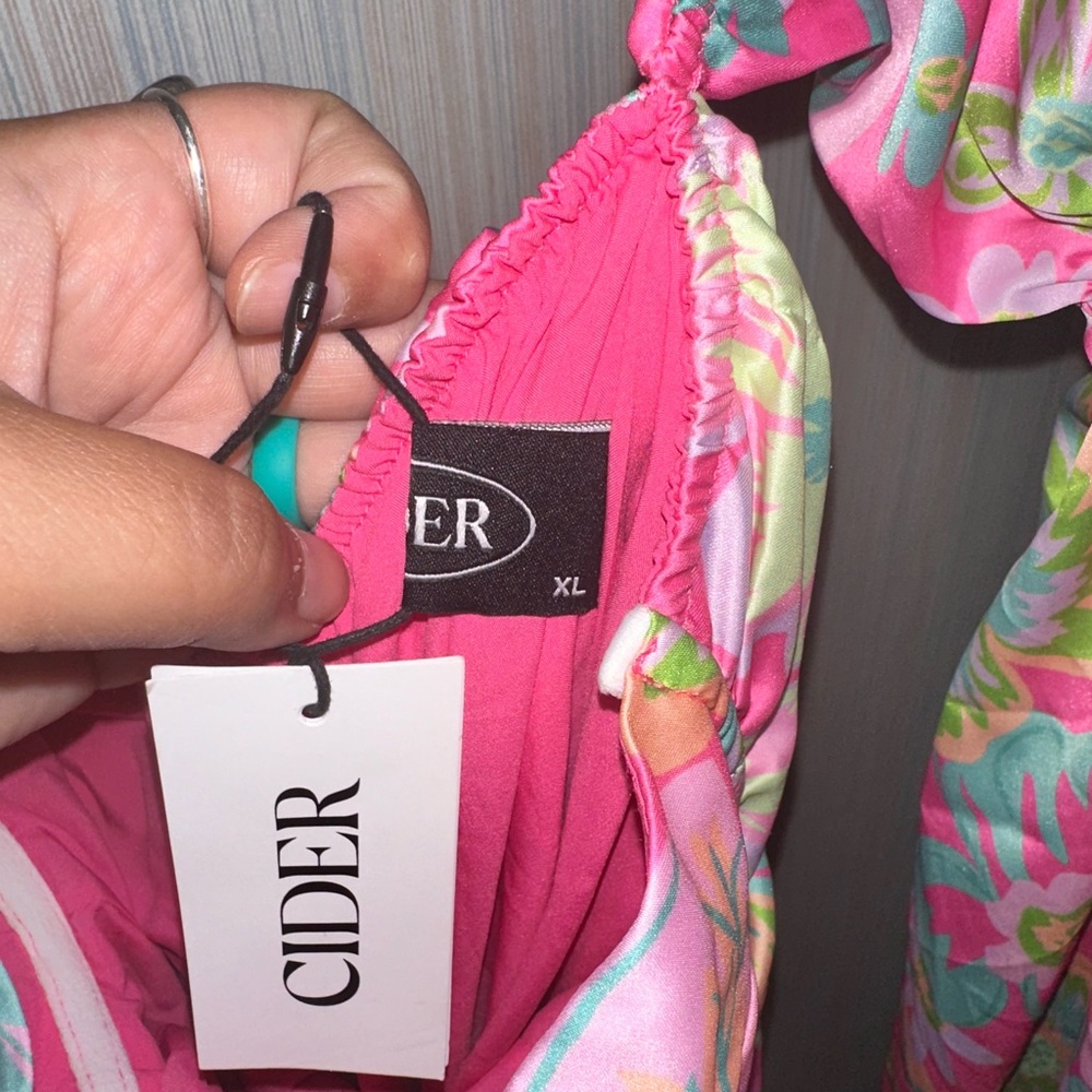 Cider Pink and Green Ruched Ruffled Blouse - Picture 2 of 3